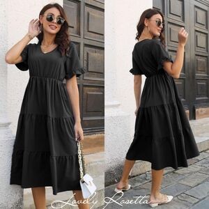 Black Ruffle Sleeve Midi Dress